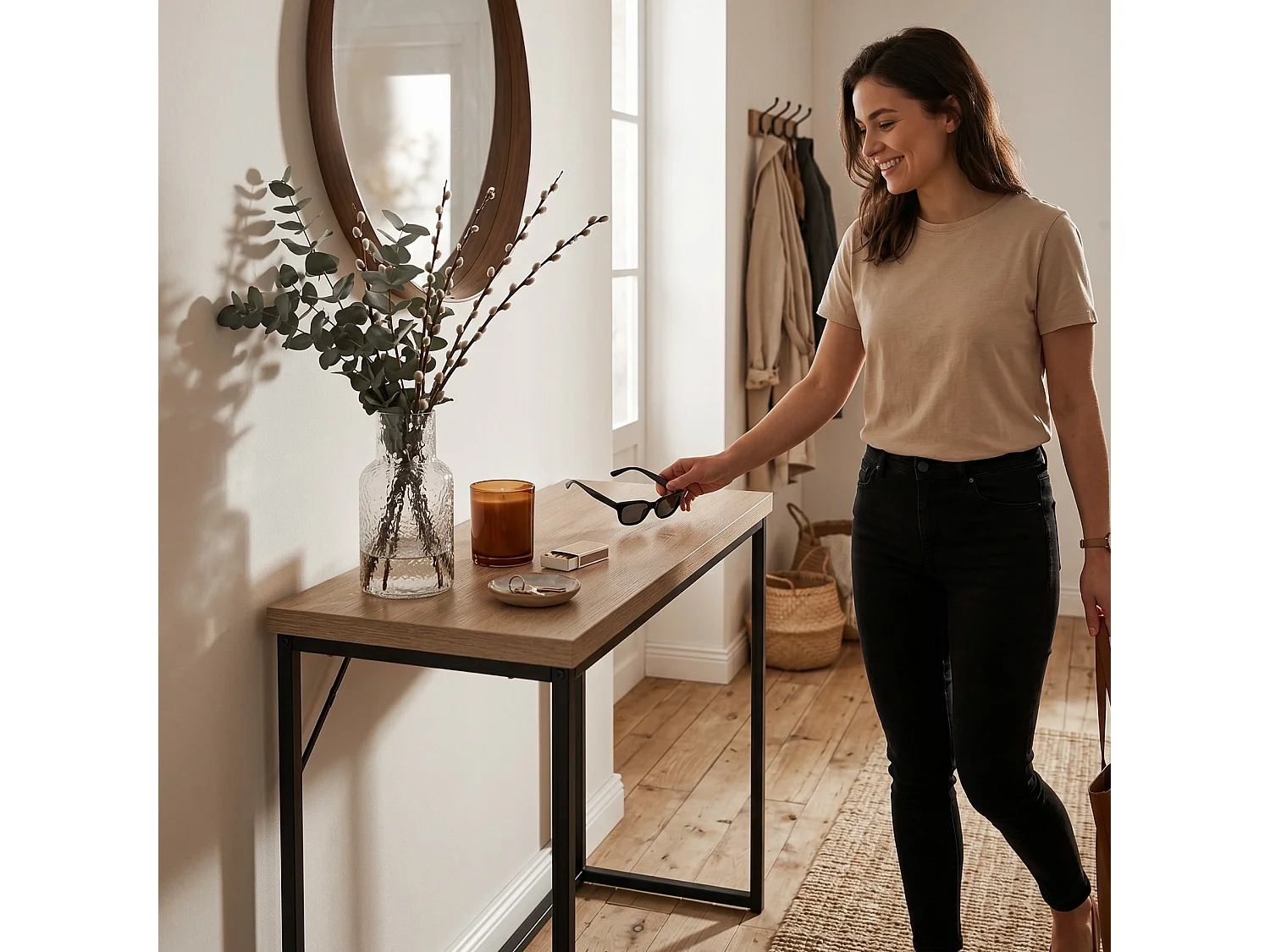 Table console style loft ORIGO 90 cm Chêne Sonoma Pieds noirs