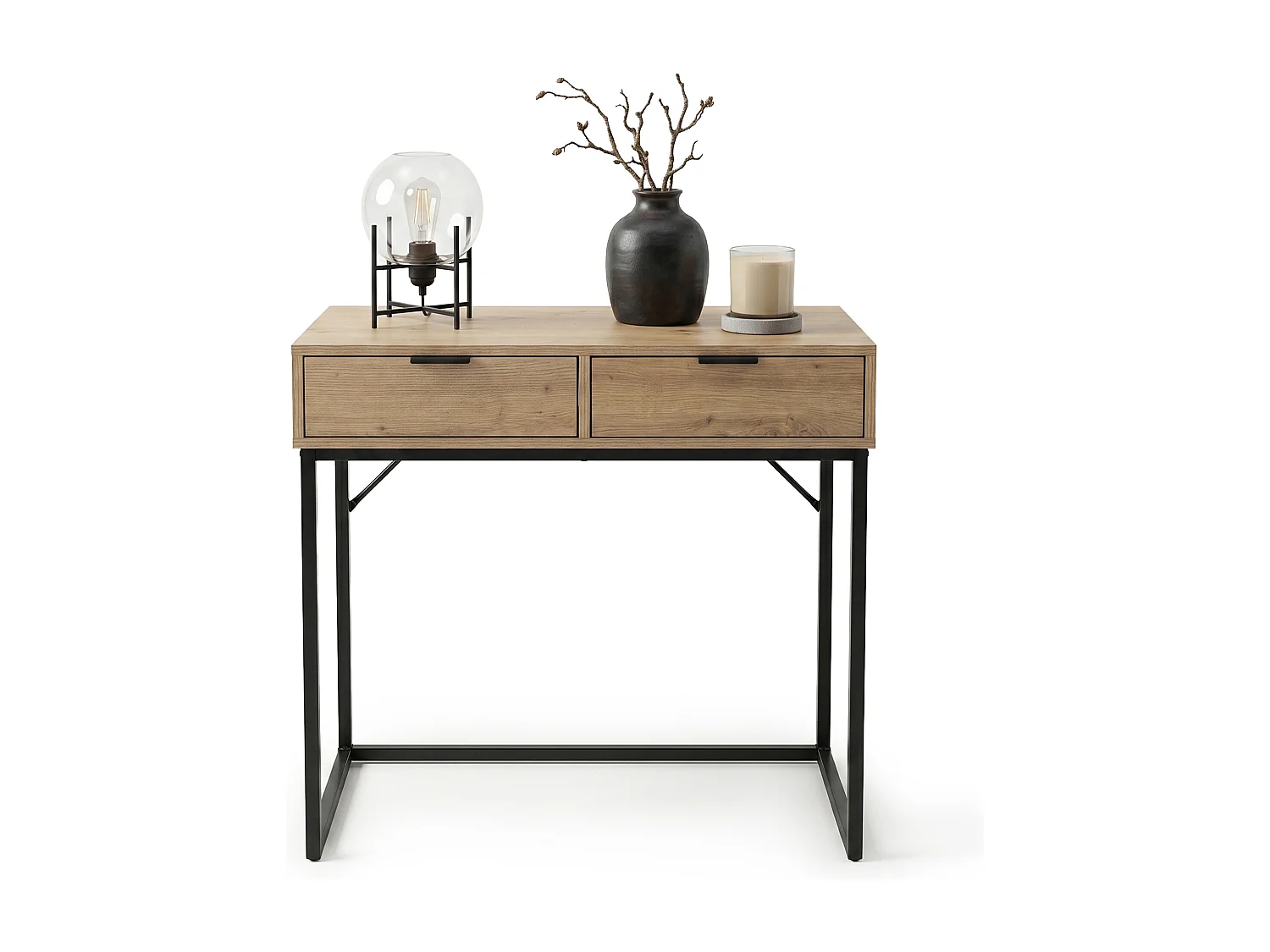 Table console style loft ELANO 2 tiroirs 80 cm Chêne Artisan Pieds noirs