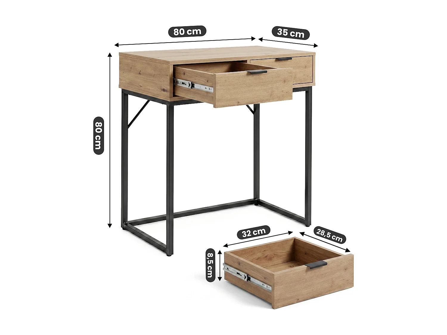 Table console style loft ELANO 2 tiroirs 80 cm Chêne Artisan Pieds noirs