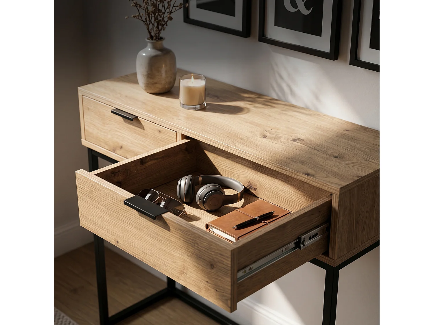 Table console style loft ELANO 2 tiroirs 80 cm Chêne Artisan Pieds noirs