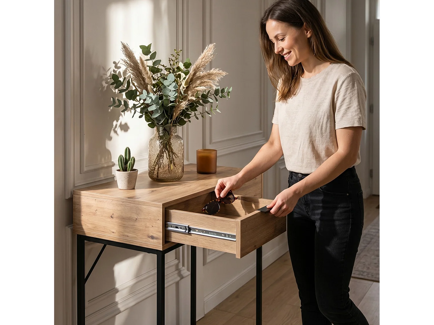 Table console style loft ELANO 2 tiroirs 80 cm Chêne Artisan Pieds noirs