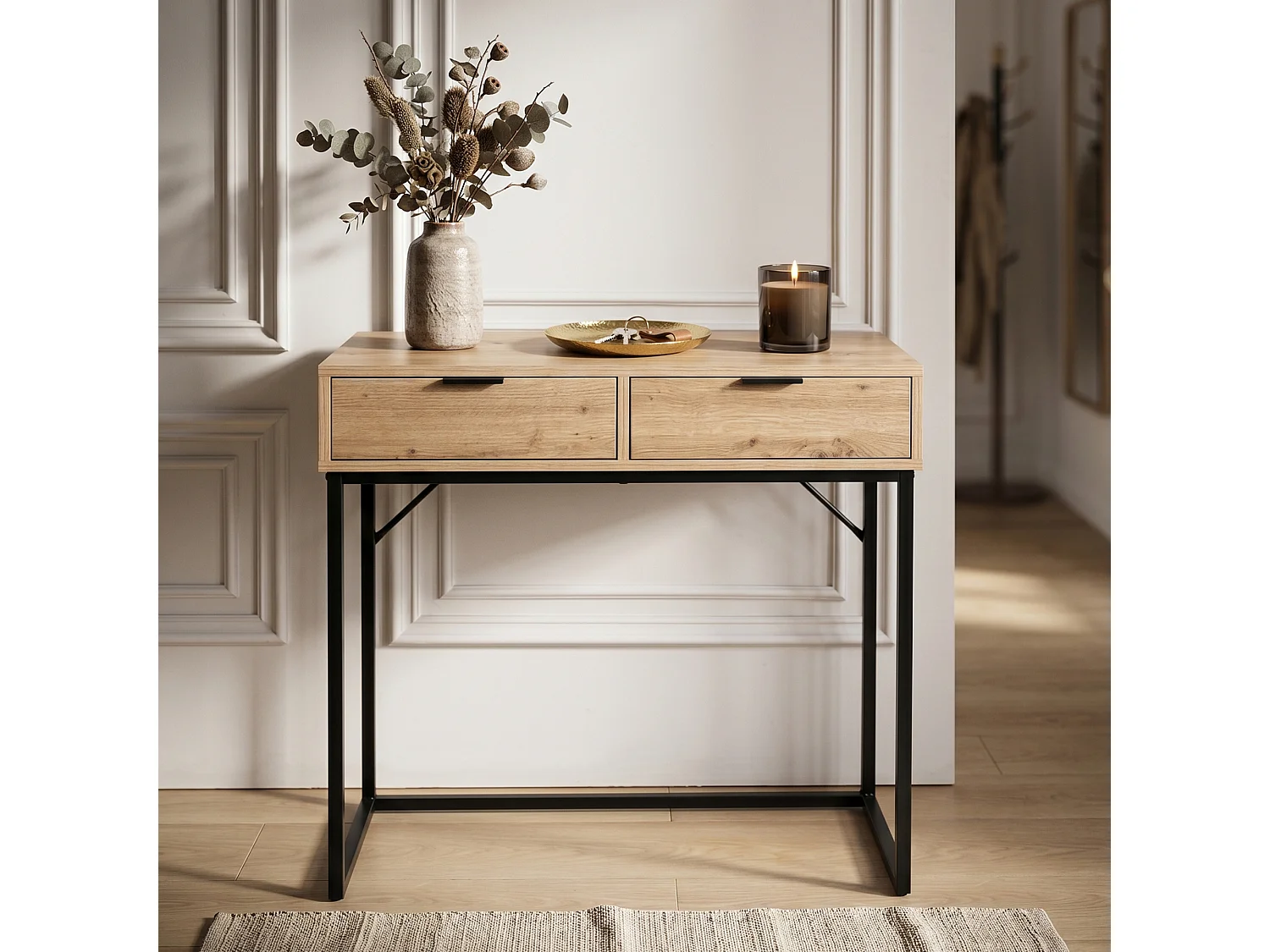 Table console style loft ELANO 2 tiroirs 80 cm Chêne Artisan Pieds noirs