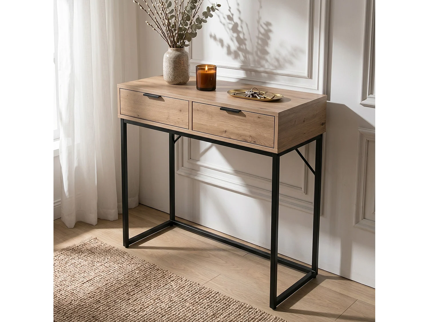 Table console style loft ELANO 2 tiroirs 80 cm Chêne Artisan Pieds noirs