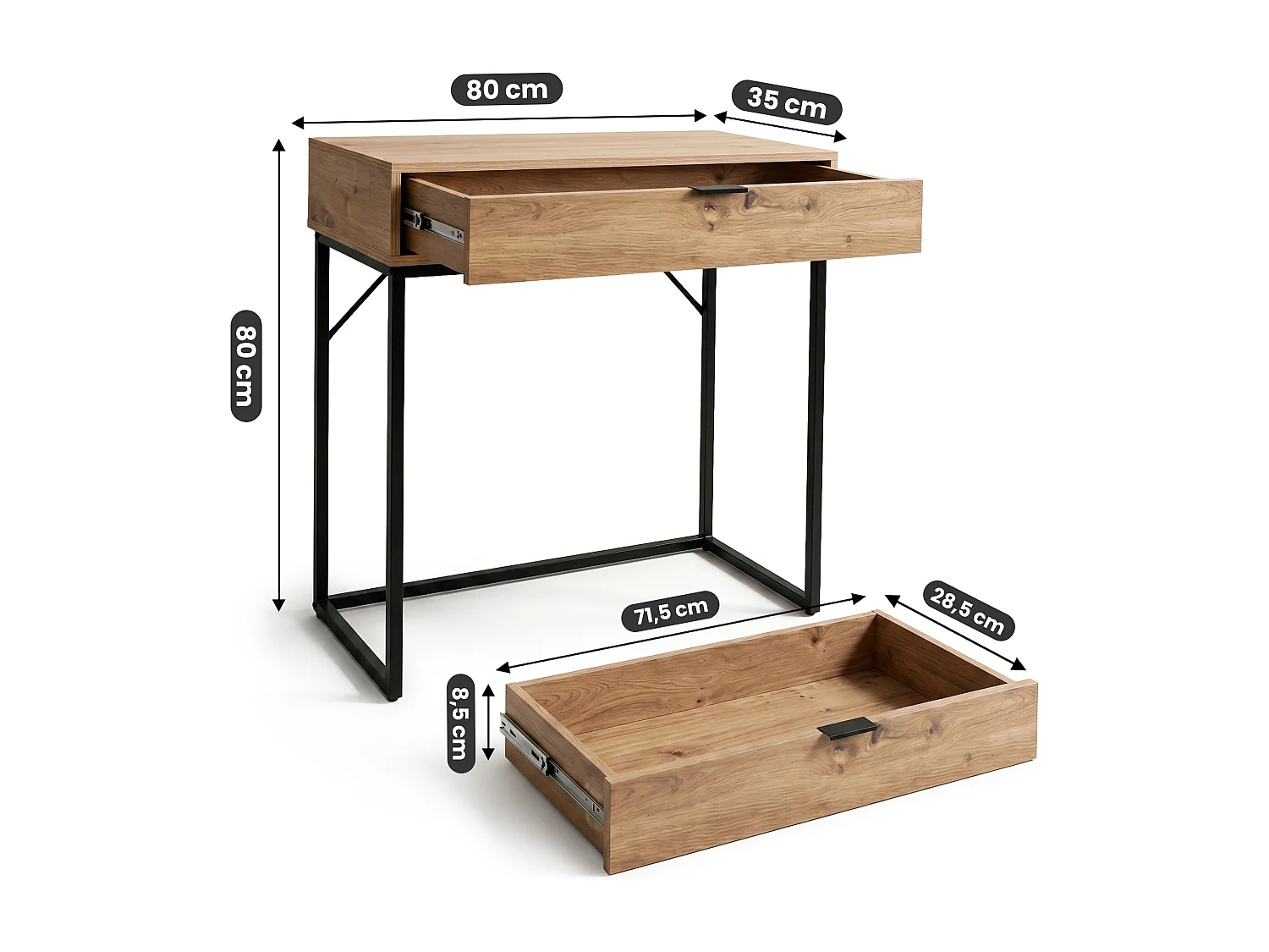 Table console style loft MODENA 1 tiroir 80 cm Chêne Artisan Pieds noirs