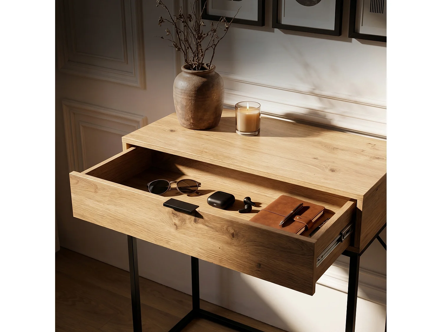 Table console style loft MODENA 1 tiroir 80 cm Chêne Artisan Pieds noirs