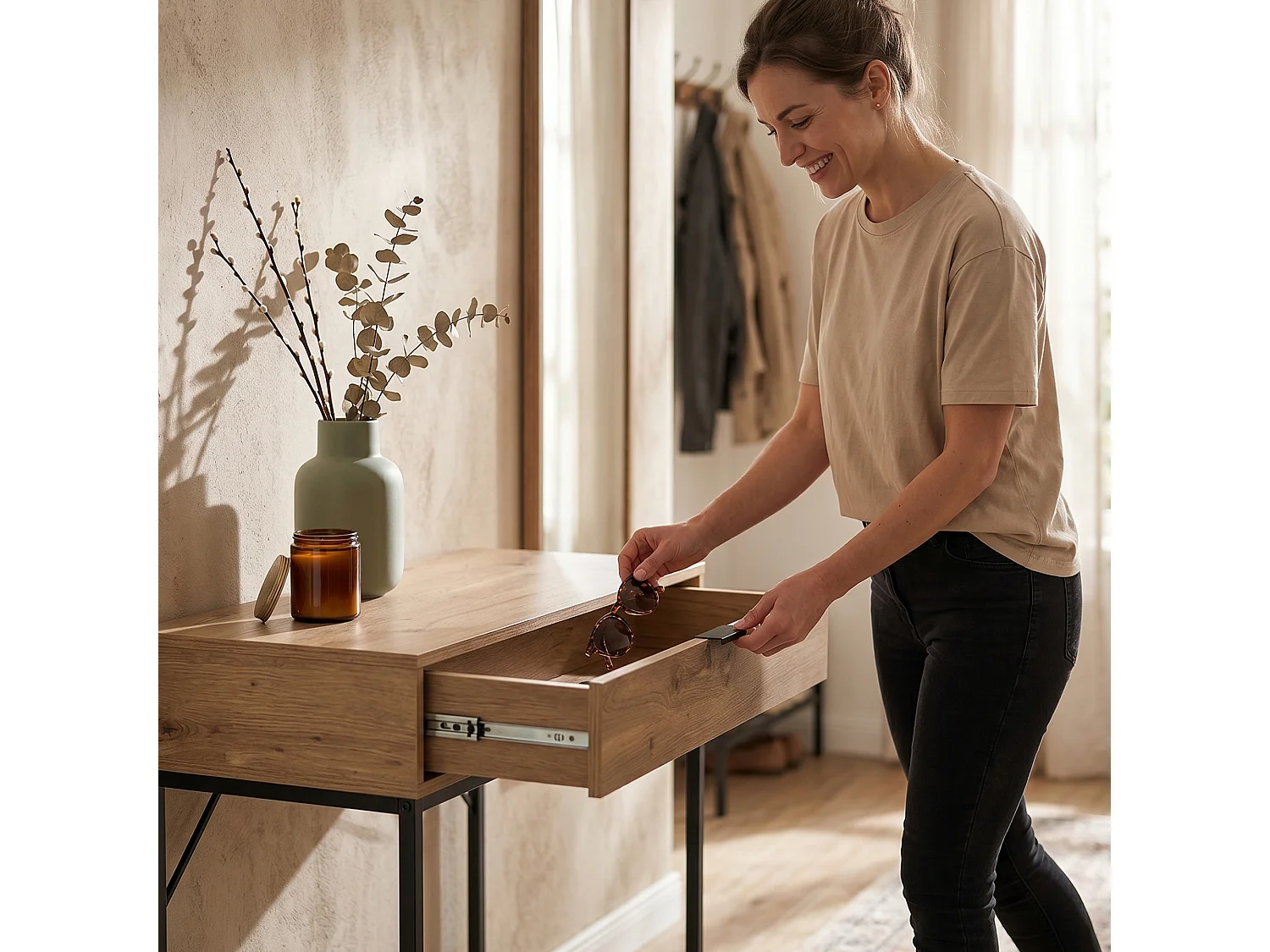 Table console style loft MODENA 1 tiroir 80 cm Chêne Artisan Pieds noirs