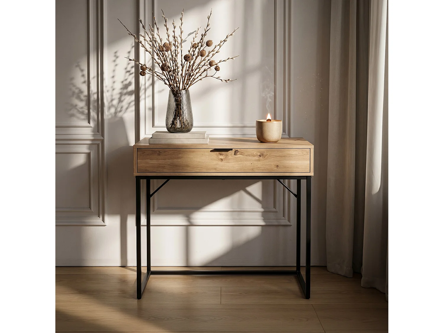 Table console style loft MODENA 1 tiroir 80 cm Chêne Artisan Pieds noirs