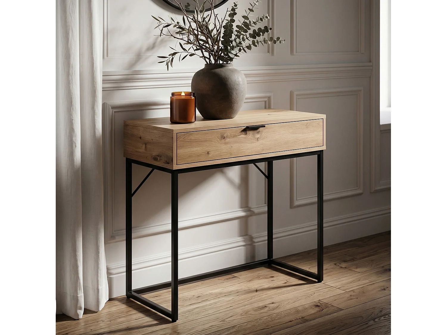 Table console style loft MODENA 1 tiroir 80 cm Chêne Artisan Pieds noirs