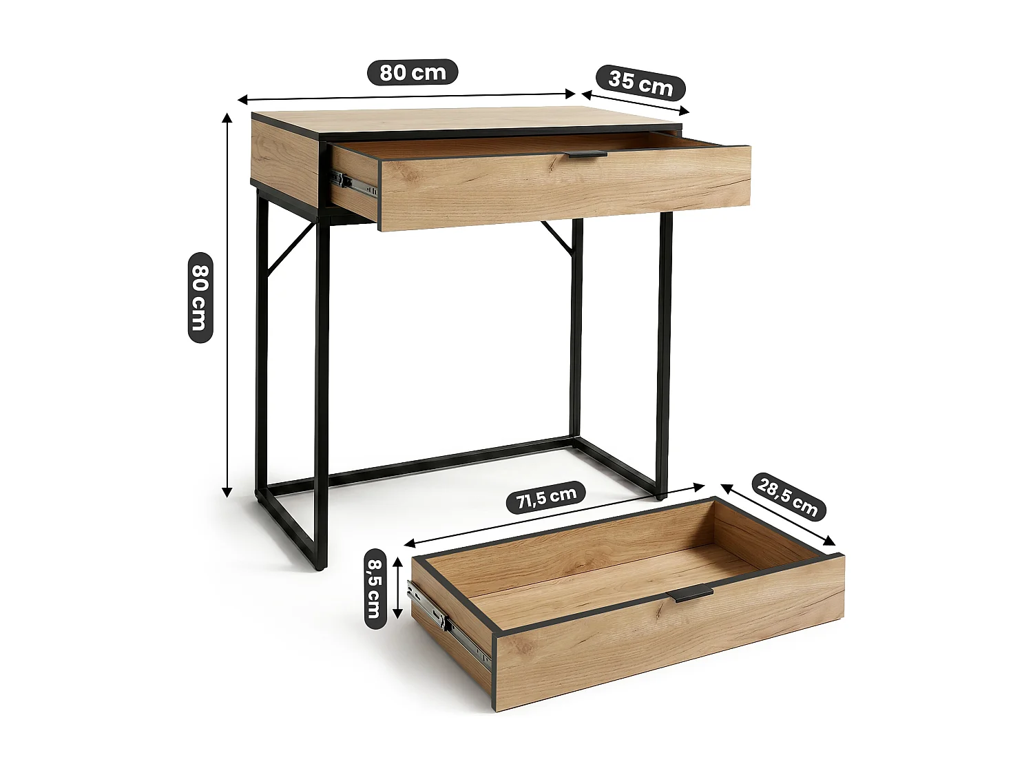 Table console style loft MODENA 1 tiroir 80 cm Chêne Craft Pieds noirs