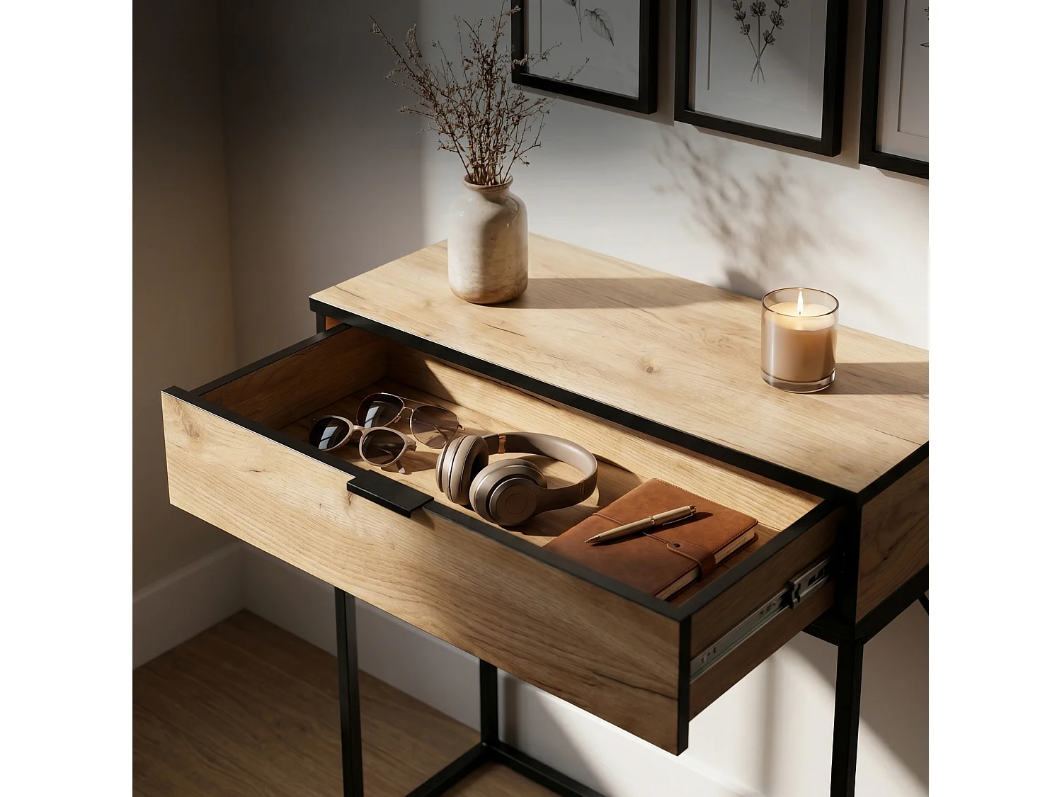 Table console style loft MODENA 1 tiroir 80 cm Chêne Craft Pieds noirs