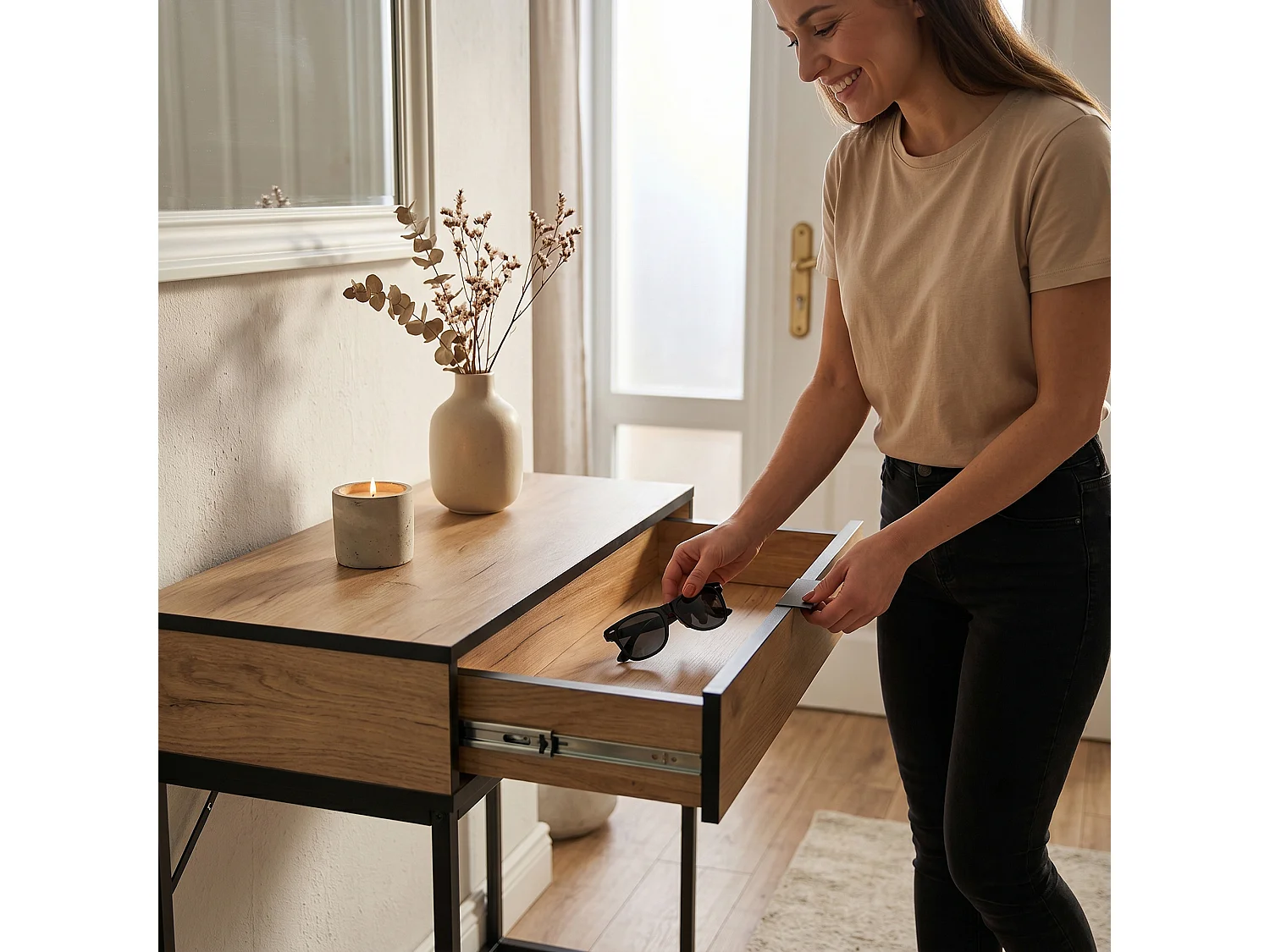 Table console style loft MODENA 1 tiroir 80 cm Chêne Craft Pieds noirs
