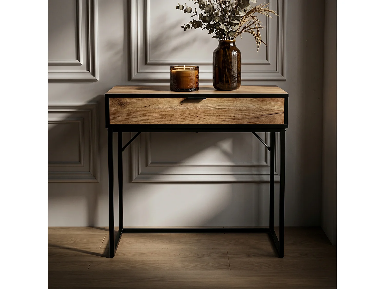 Table console style loft MODENA 1 tiroir 80 cm Chêne Craft Pieds noirs