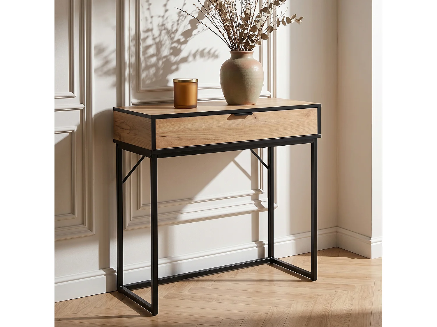 Table console style loft MODENA 1 tiroir 80 cm Chêne Craft Pieds noirs