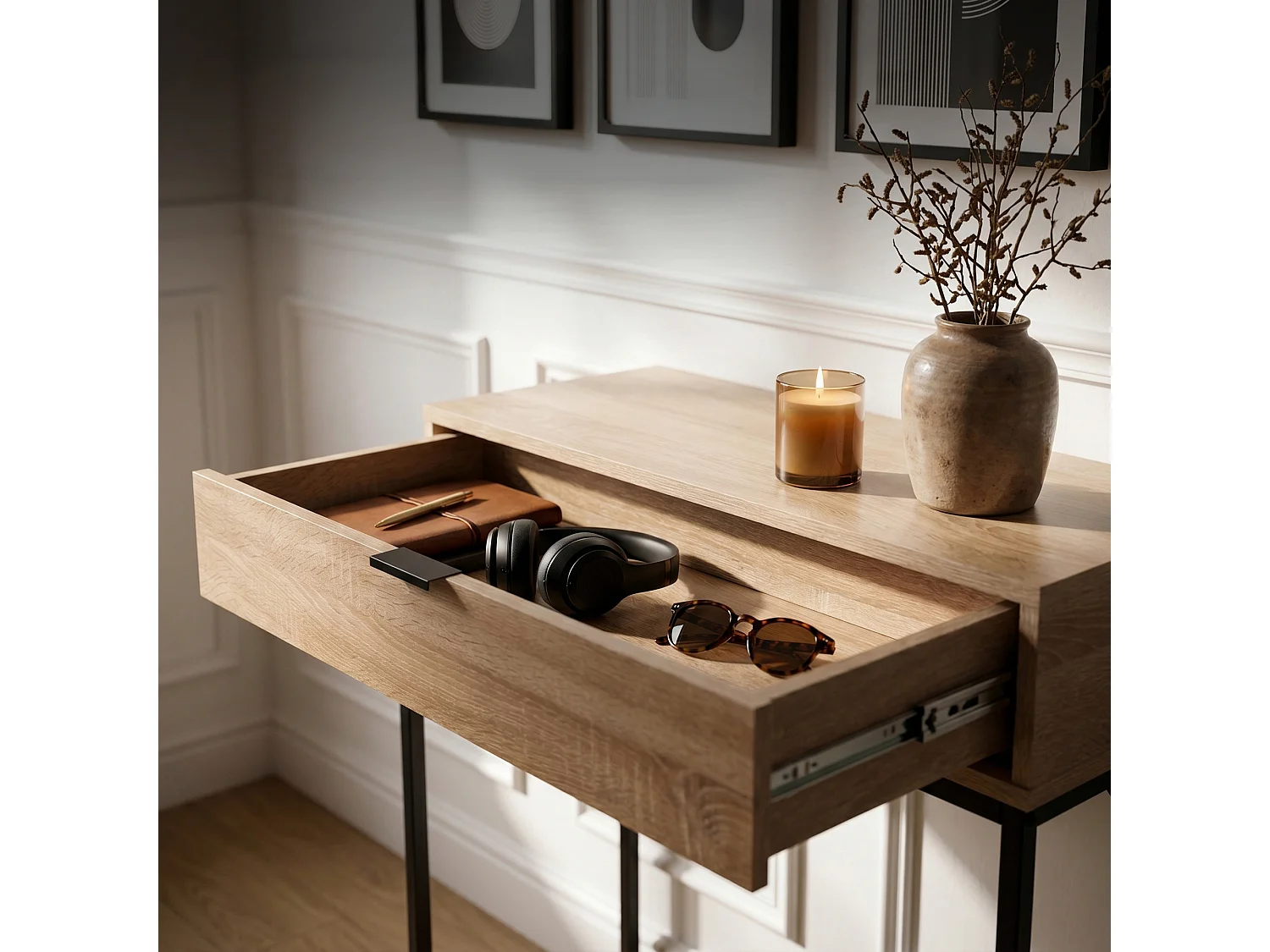Consoletafel loftstijl MODENA 1 lade 80 cm sonoma eiken zwarte poten