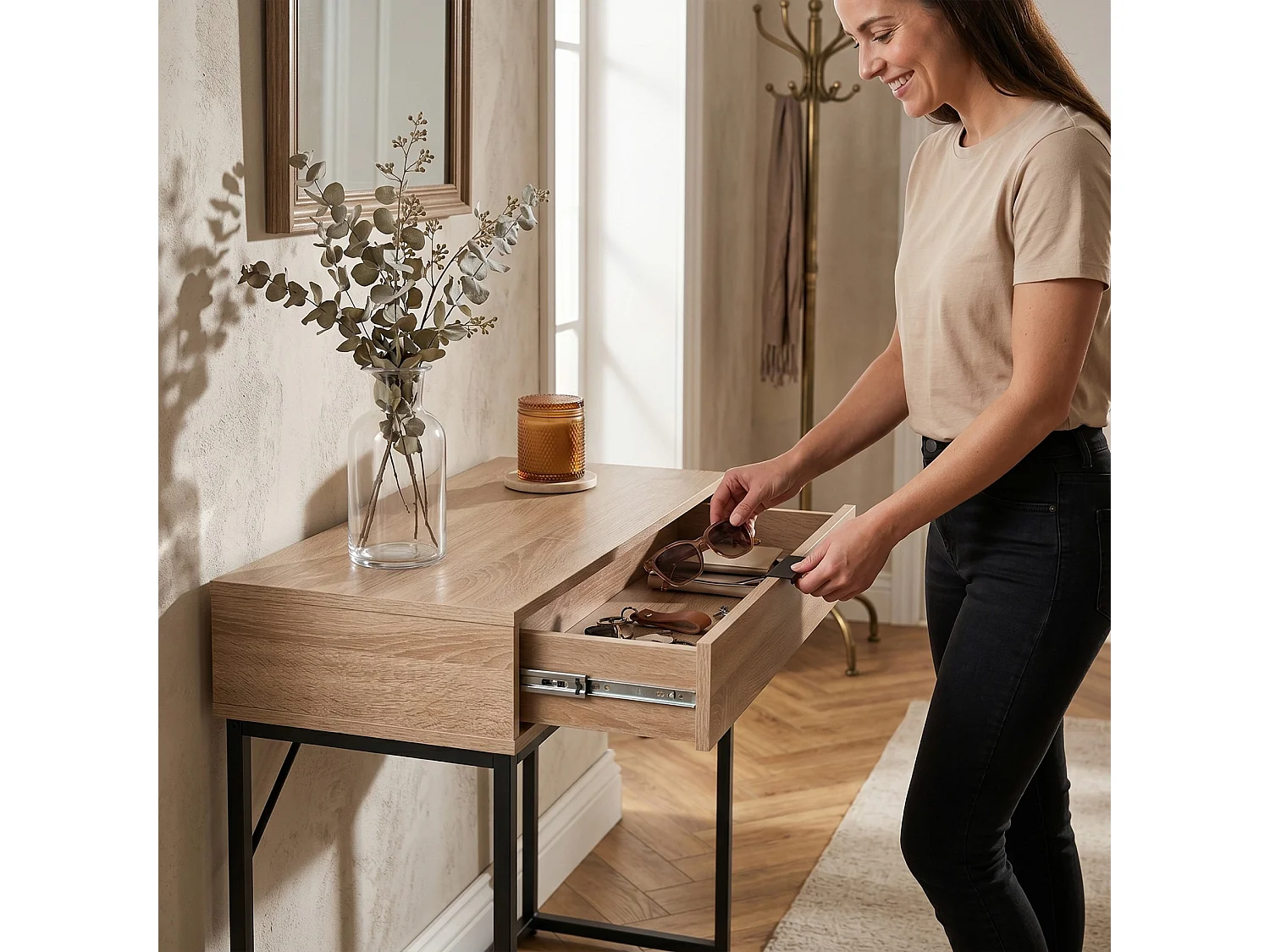 Consoletafel loftstijl MODENA 1 lade 80 cm sonoma eiken zwarte poten