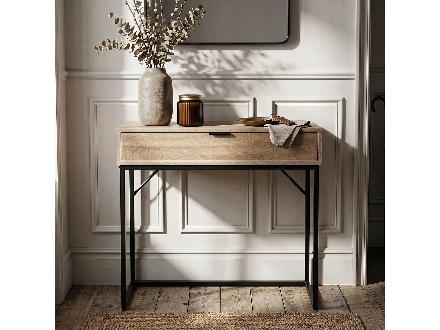 Consoletafel loftstijl MODENA 1 lade 80 cm sonoma eiken zwarte poten