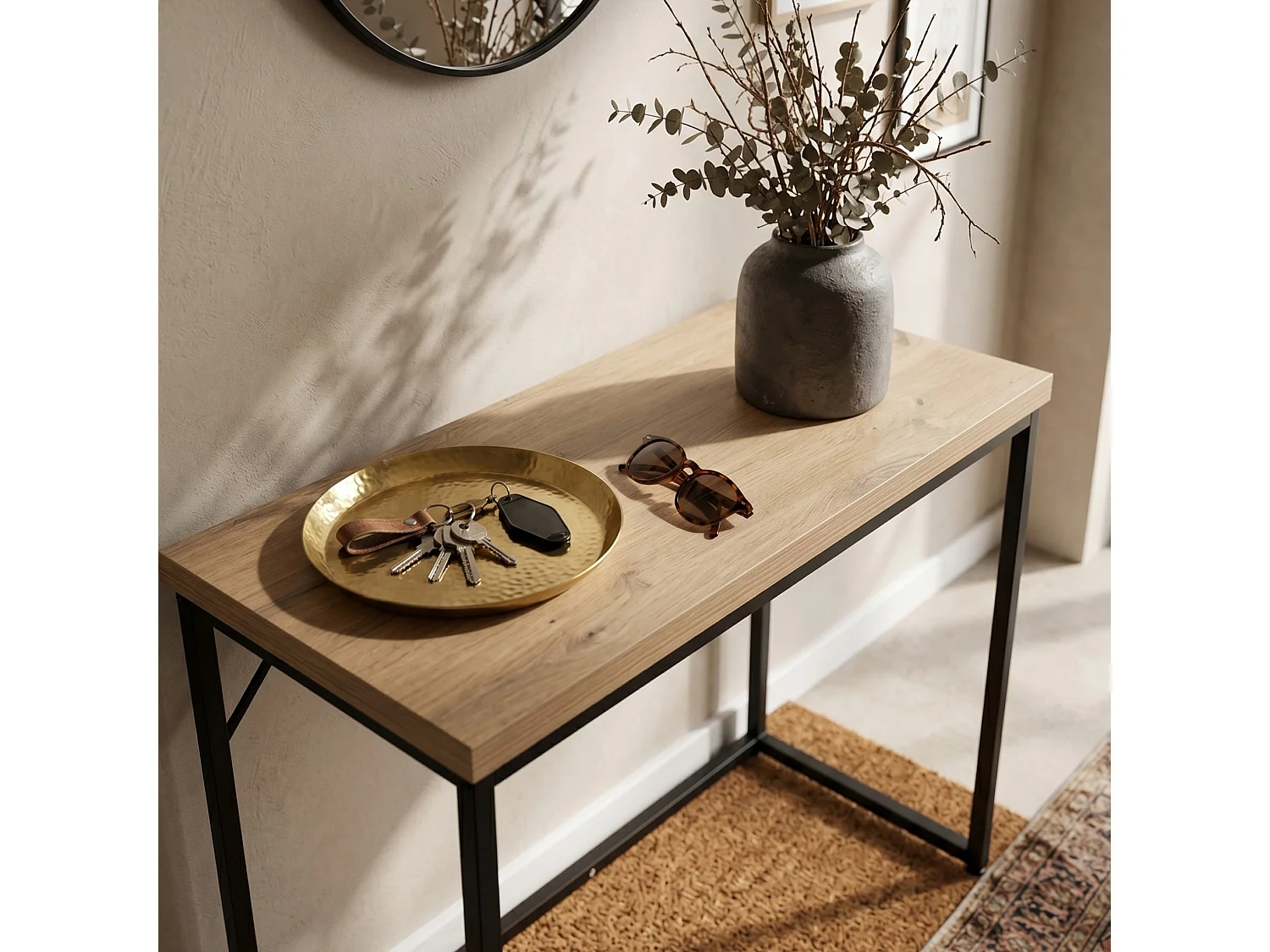 Table console style loft ORIGO 90 cm Chêne Artisan Pieds noirs