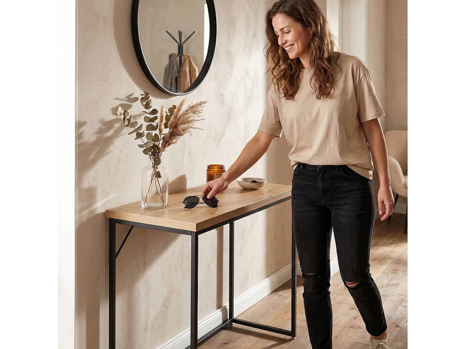 Table console style loft ORIGO 90 cm Chêne Artisan Pieds noirs