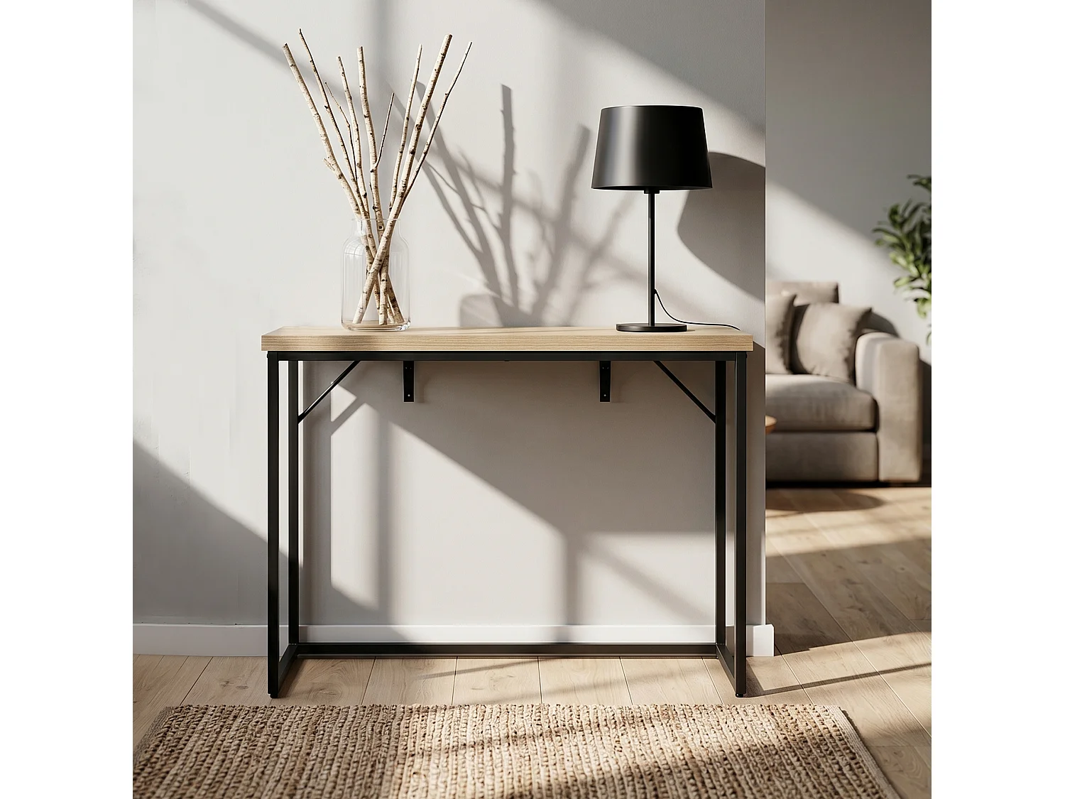 Table console style loft ORIGO 90 cm Chêne Artisan Pieds noirs