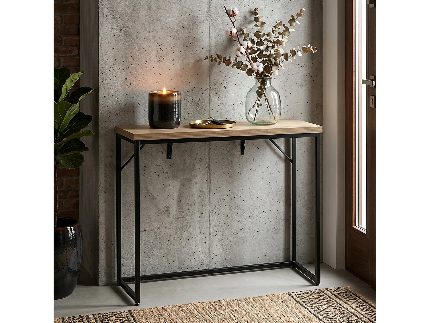 Table console style loft ORIGO 90 cm Chêne Artisan Pieds noirs