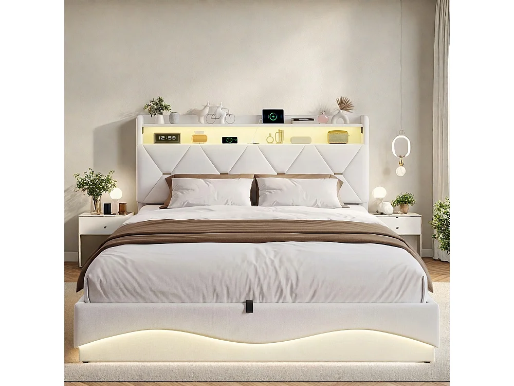 Cadre de lit de stockage hydraulique - 160 x 200 cm - avec port de charge USB et tête de stockage - Velvet - beige