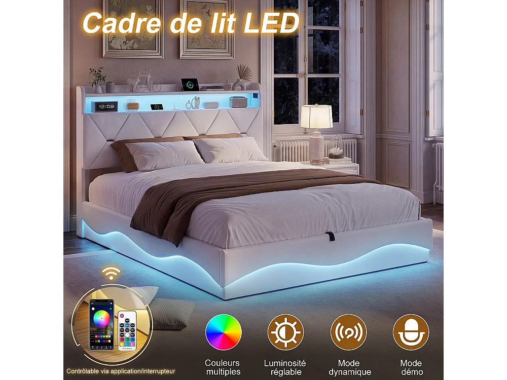 Cadre de lit de stockage hydraulique - 160 x 200 cm - avec port de charge USB et tête de stockage - Velvet - beige