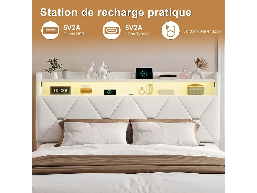 Cadre de lit de stockage hydraulique - 160 x 200 cm - avec port de charge USB et tête de stockage - Velvet - beige
