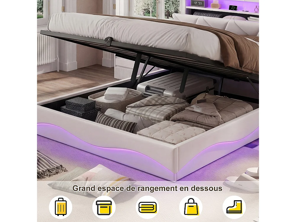 Cadre de lit de stockage hydraulique - 160 x 200 cm - avec port de charge USB et tête de stockage - Velvet - beige