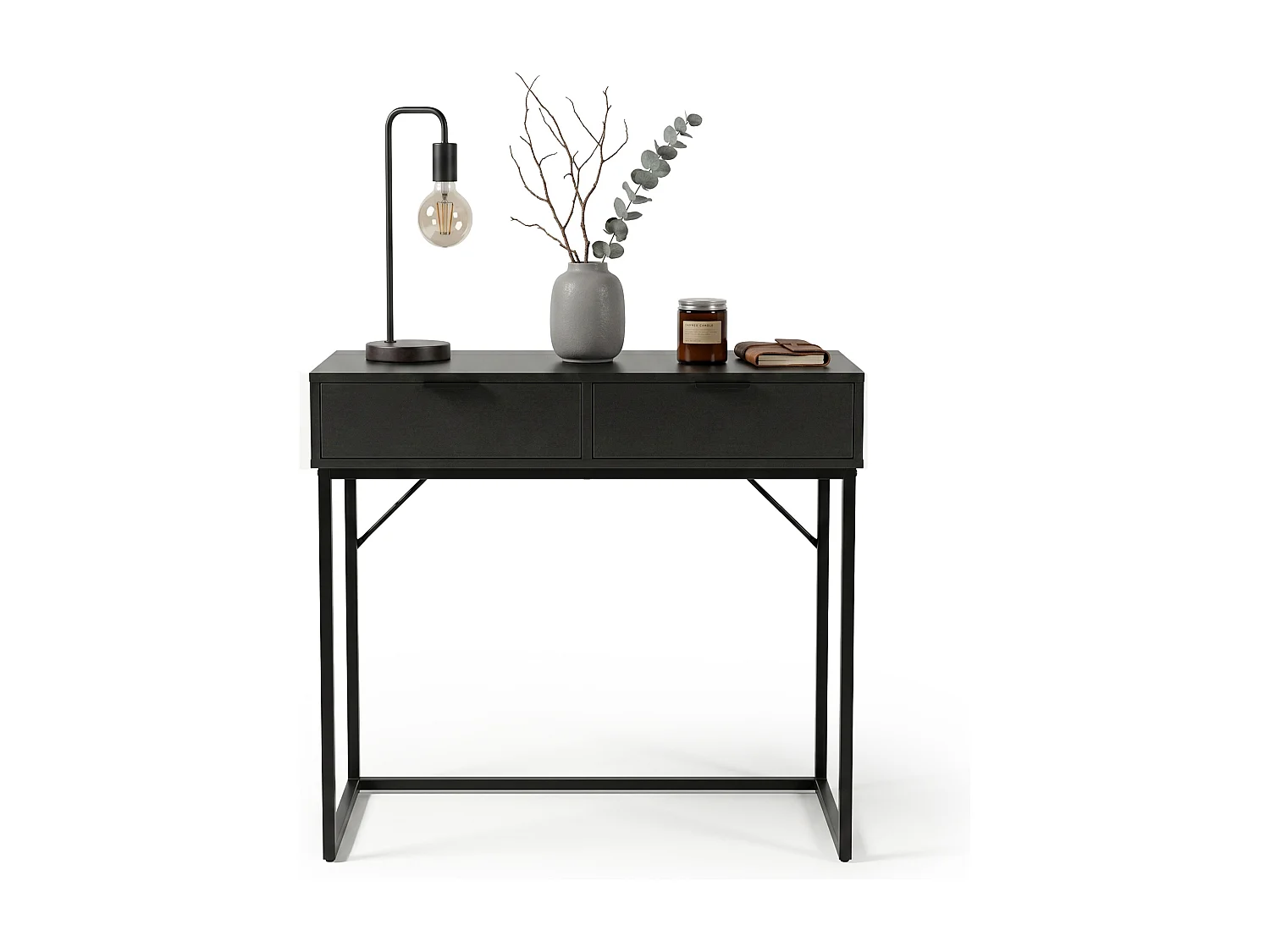 Table console style loft ELANO 2 tiroirs 80 cm Noir Pieds noirs