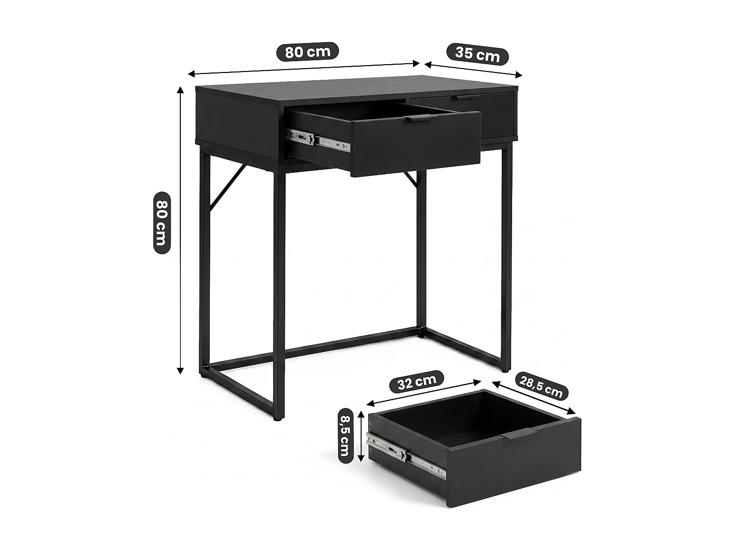 Table console style loft ELANO 2 tiroirs 80 cm Noir Pieds noirs