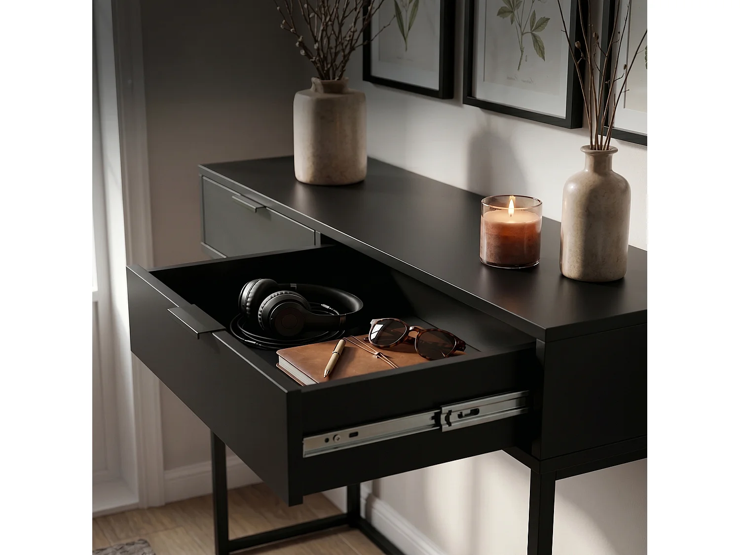 Table console style loft ELANO 2 tiroirs 80 cm Noir Pieds noirs