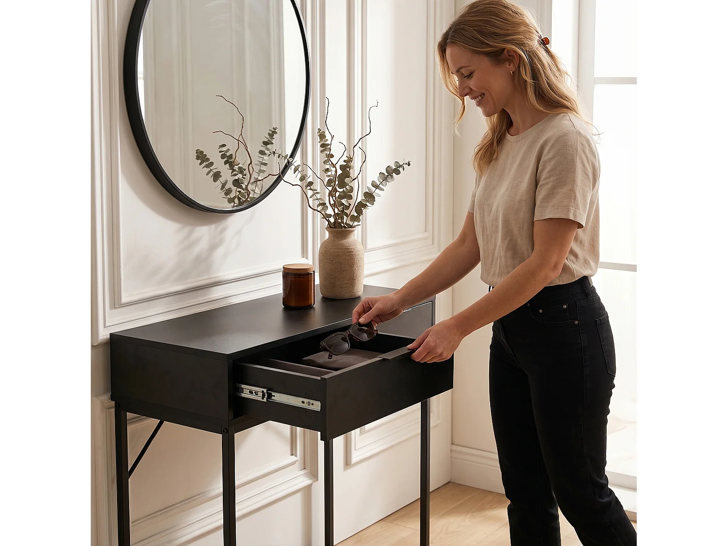 Table console style loft ELANO 2 tiroirs 80 cm Noir Pieds noirs
