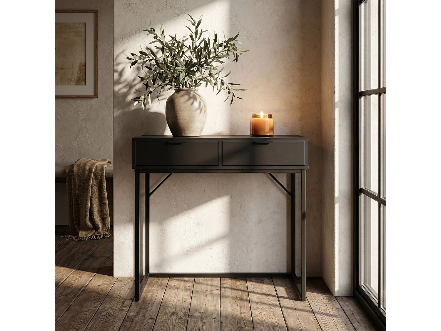 Table console style loft ELANO 2 tiroirs 80 cm Noir Pieds noirs