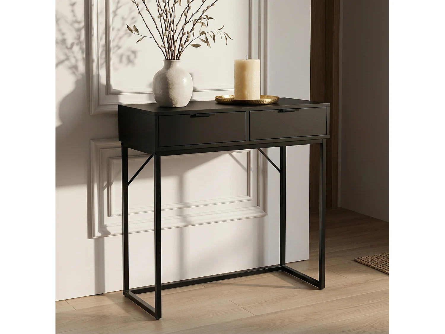 Table console style loft ELANO 2 tiroirs 80 cm Noir Pieds noirs