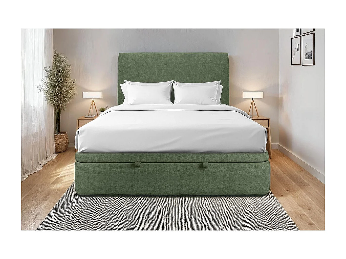 Lit coffre 180x200cm avec tête de lit tapissier Tissu Vert - Hauteur totale : 39cm