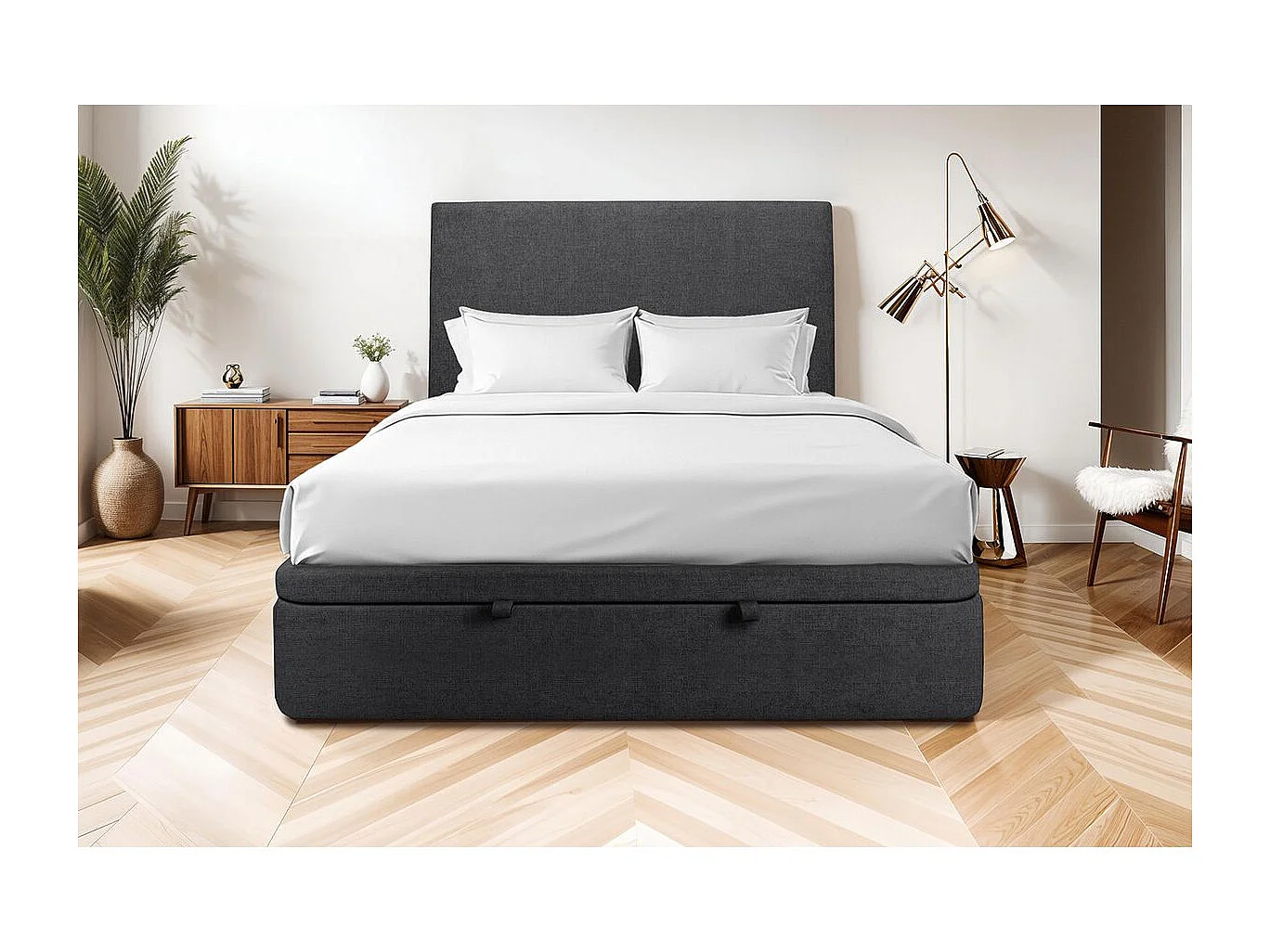 Lit coffre 180x200cm avec tête de lit tapissier Tissu Noir - Hauteur totale : 39cm