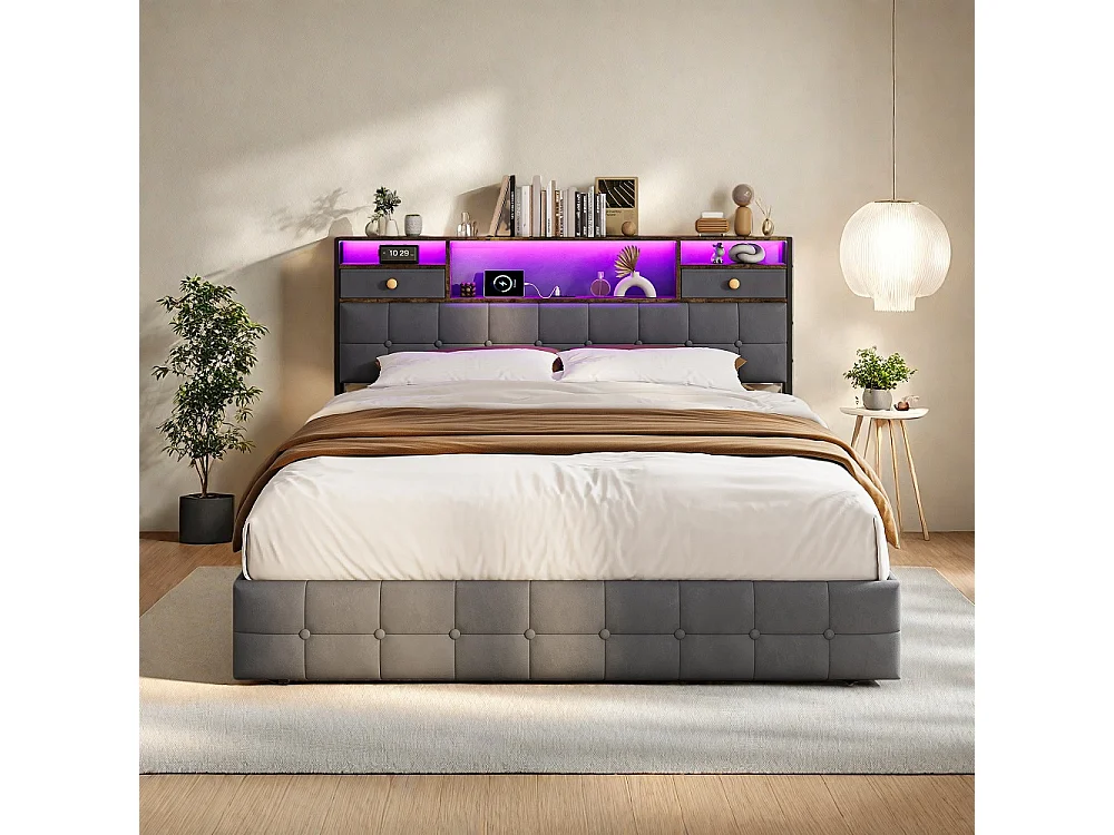 Lit de stockage hydraulique - 140 x 200cm - avec lumières LED Port de charge USB et 2 tiroirs Tête de stockage - Velvet - gris