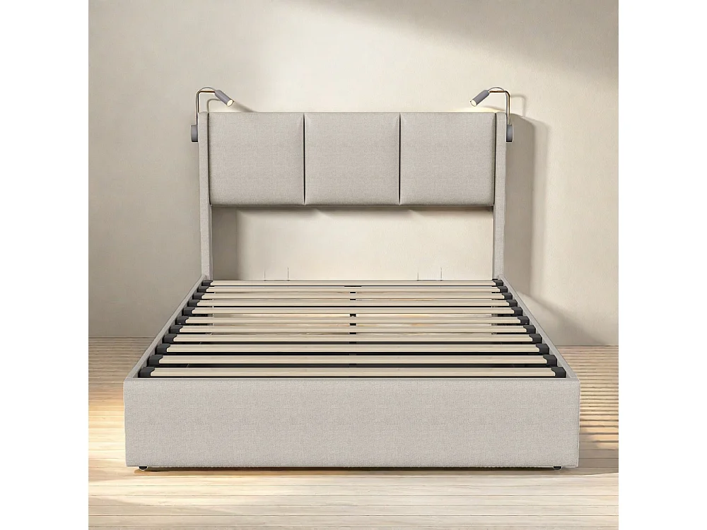 Hydraulisk förvaringssäng med läslampor och USB-laddningsport - 160 x 200 cm - Beige Linne