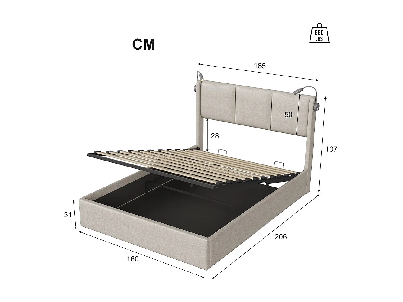 Hydraulisk förvaringssäng med läslampor och USB-laddningsport - 160 x 200 cm - Beige Linne