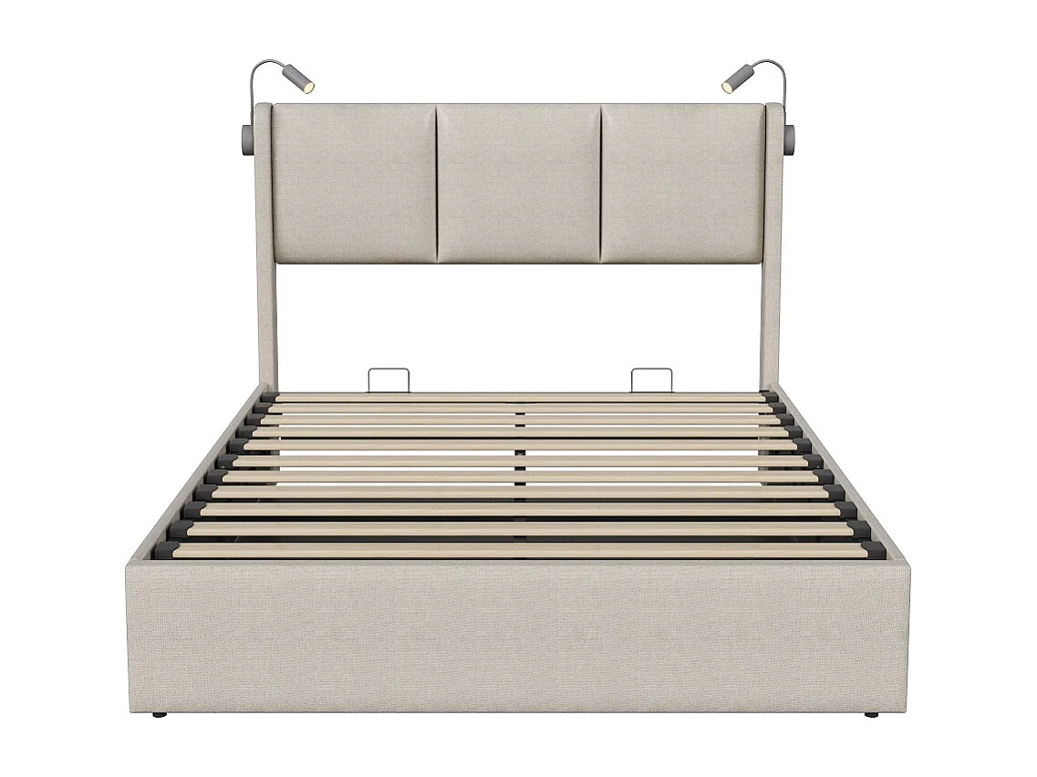 Hydraulisk förvaringssäng med läslampor och USB-laddningsport - 160 x 200 cm - Beige Linne