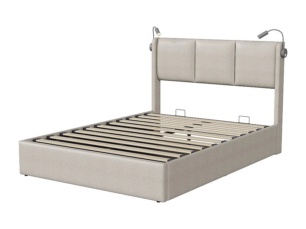 Hydraulisk förvaringssäng med läslampor och USB-laddningsport - 160 x 200 cm - Beige Linne