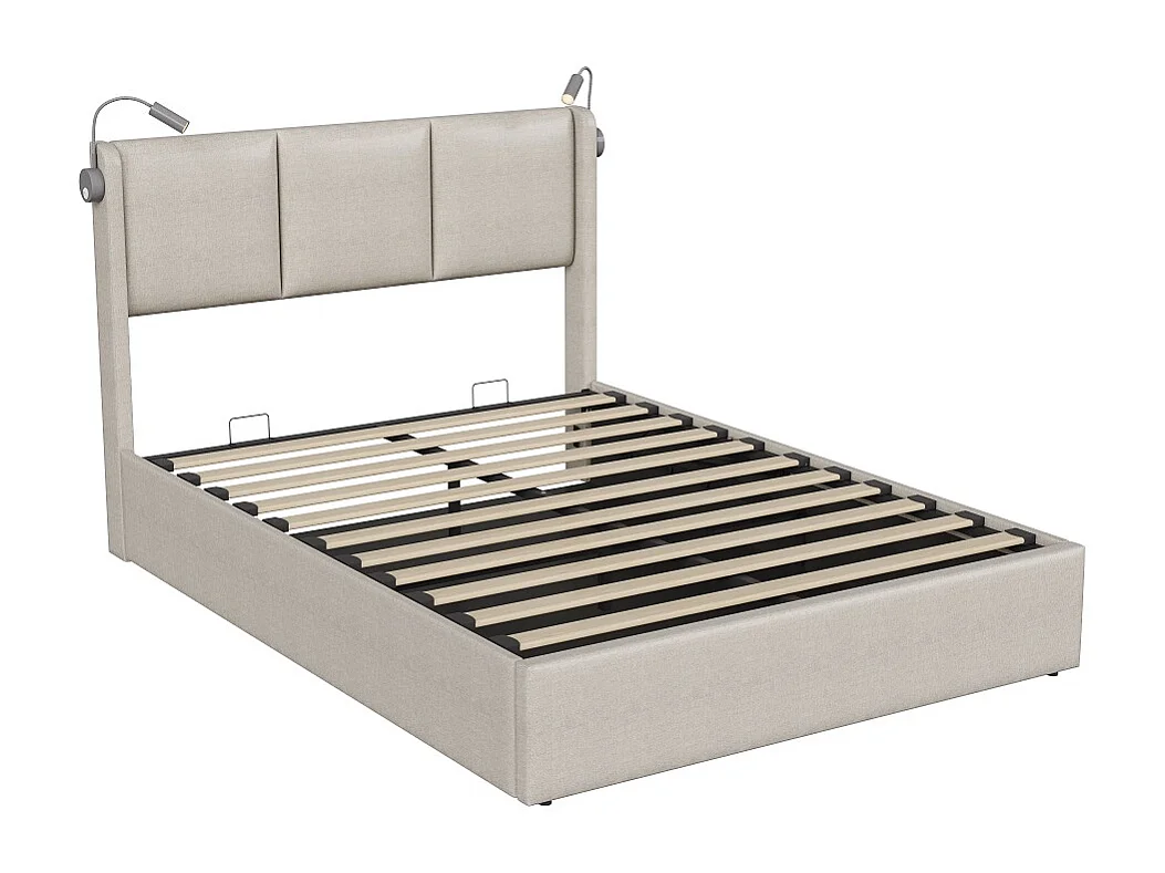 Hydraulisk förvaringssäng med läslampor och USB-laddningsport - 160 x 200 cm - Beige Linne