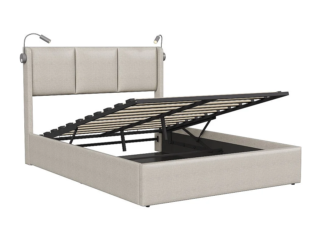 Hydraulisk förvaringssäng med läslampor och USB-laddningsport - 160 x 200 cm - Beige Linne