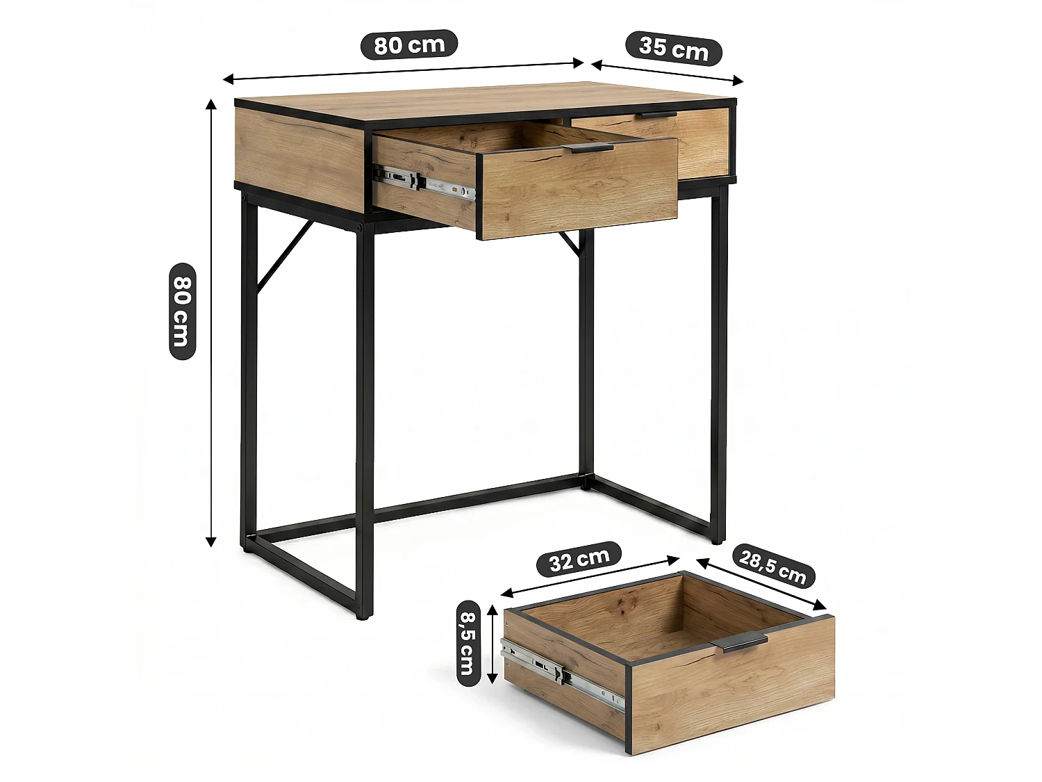 Consoletafel loftstijl ELANO 2 lades 80 cm craft eiken zwarte poten