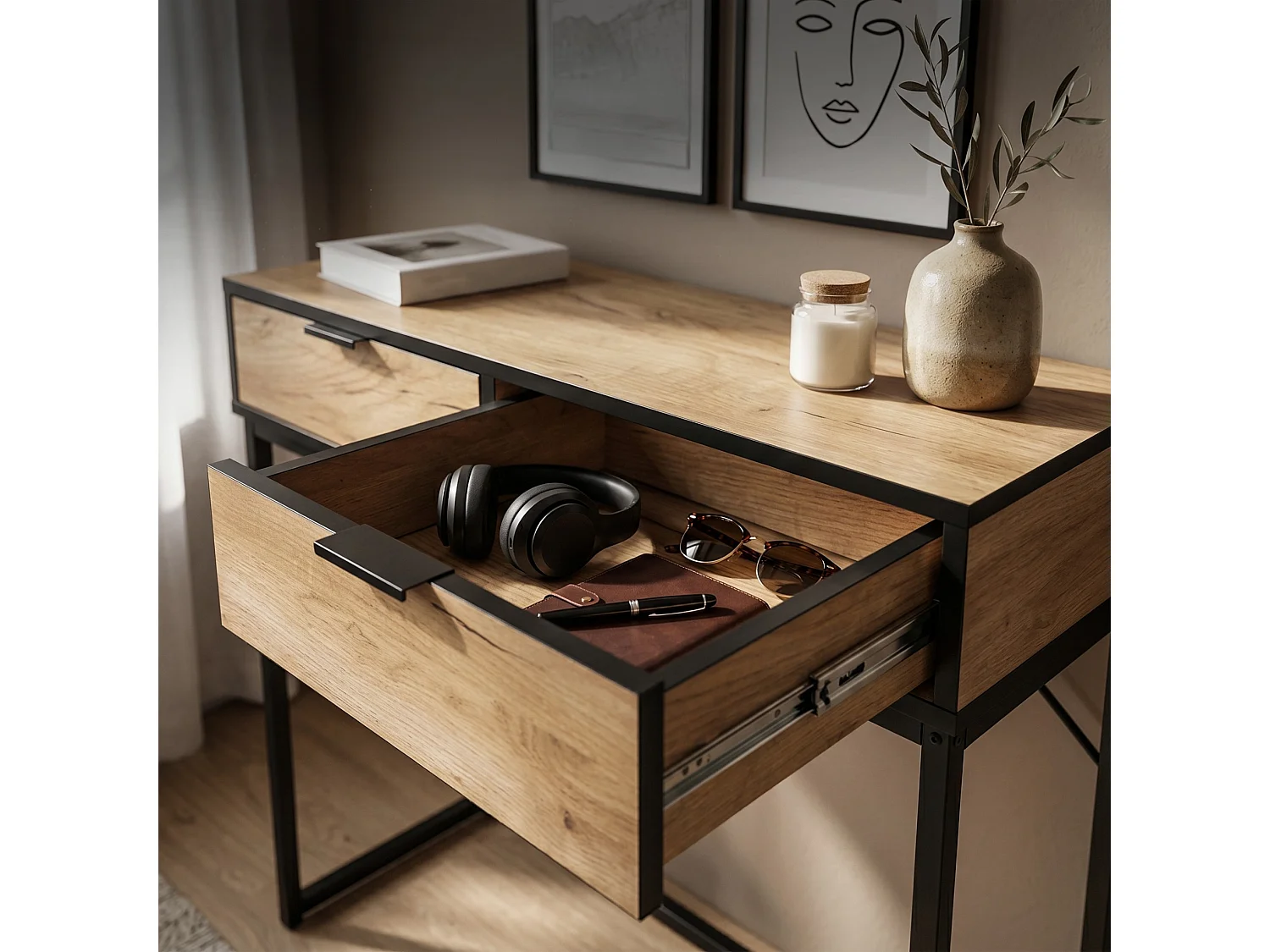 Consoletafel loftstijl ELANO 2 lades 80 cm craft eiken zwarte poten