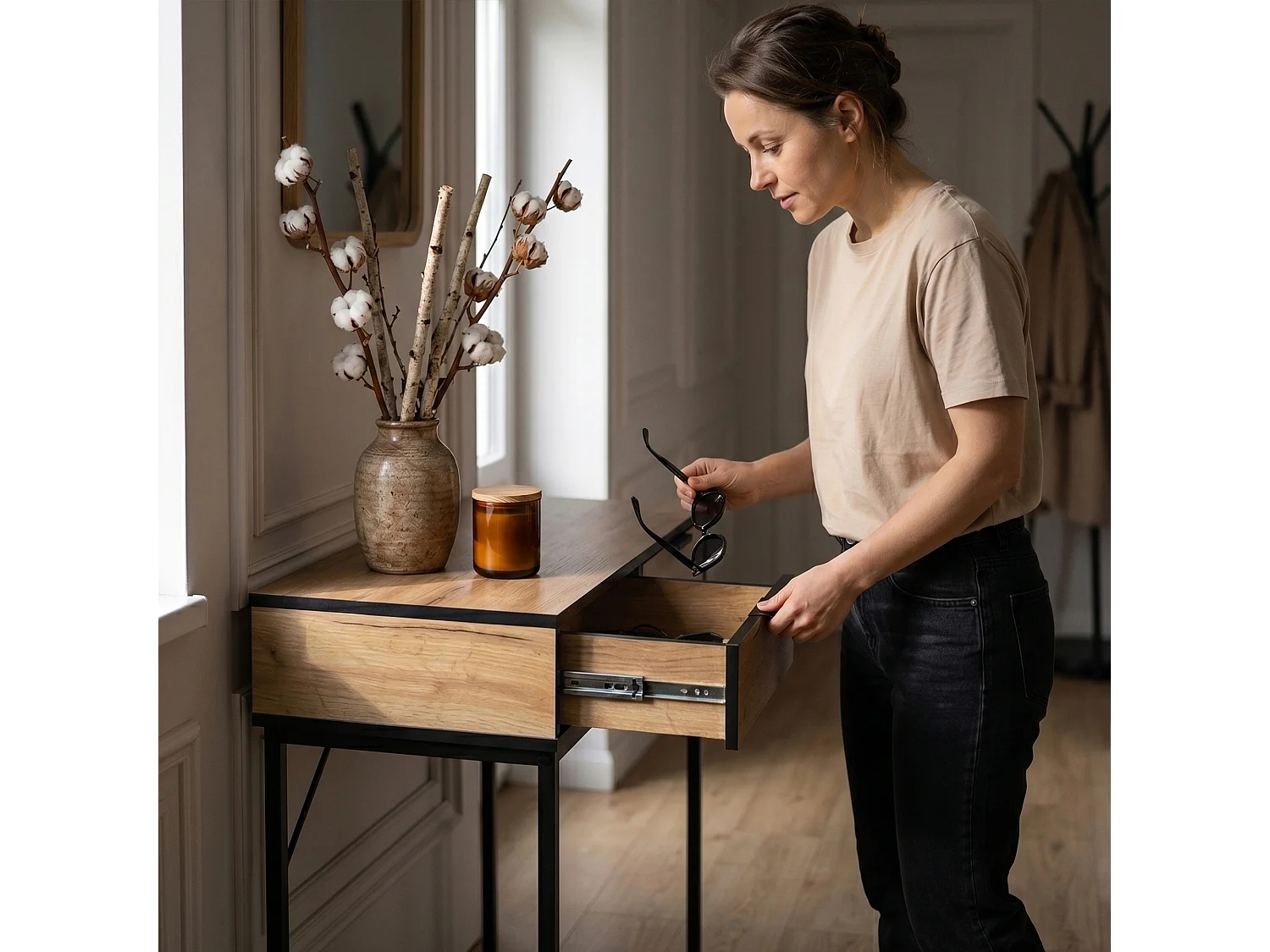 Consoletafel loftstijl ELANO 2 lades 80 cm craft eiken zwarte poten