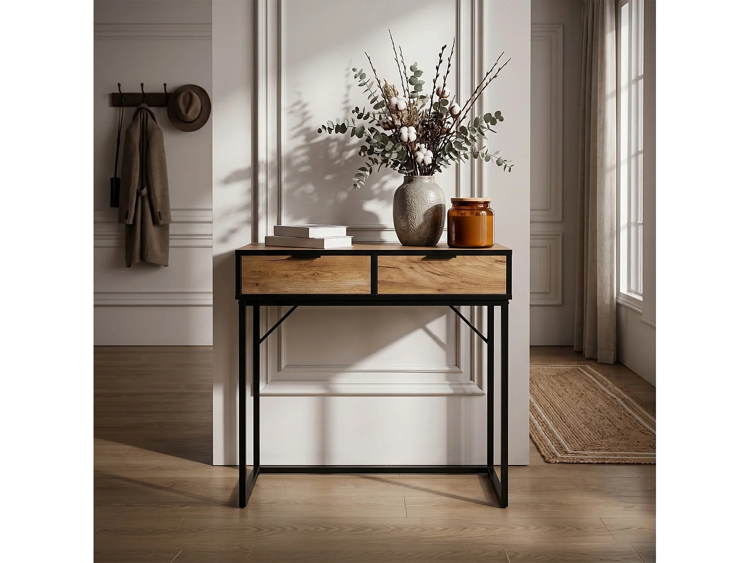 Consoletafel loftstijl ELANO 2 lades 80 cm craft eiken zwarte poten