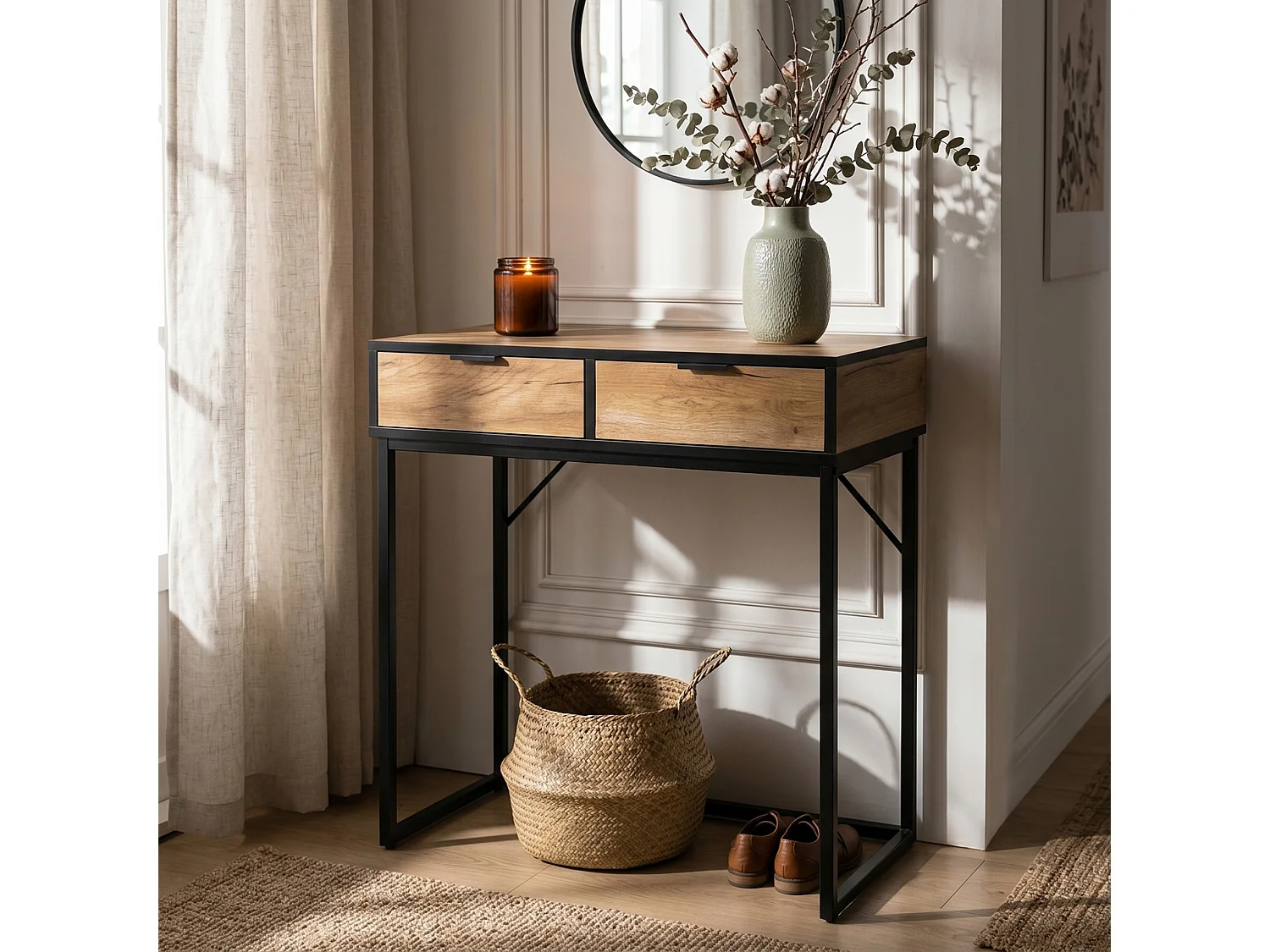 Consoletafel loftstijl ELANO 2 lades 80 cm craft eiken zwarte poten