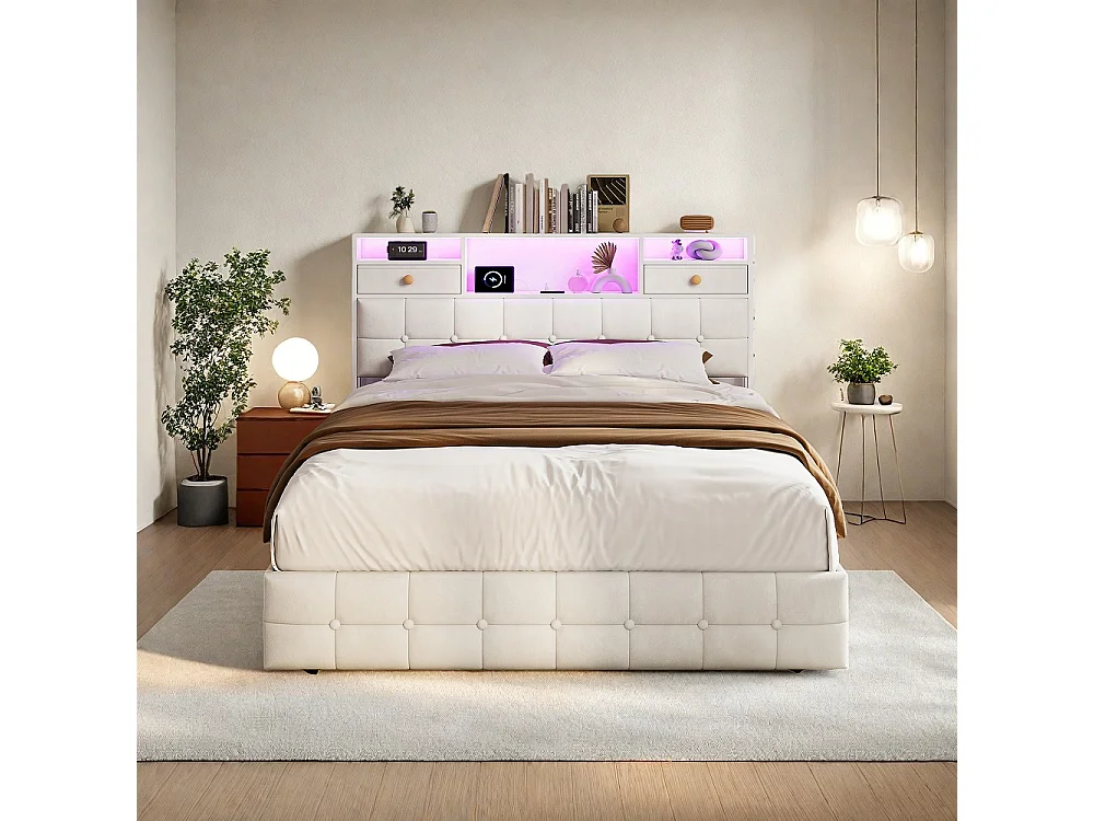 Lit de stockage hydraulique - 160 x 200cm - avec lumières LED Port de charge USB et 2 tiroirs Cabinet de stockage - Velvet - beige