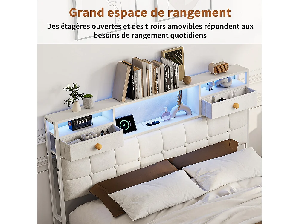 Lit de stockage hydraulique - 160 x 200cm - avec lumières LED Port de charge USB et 2 tiroirs Cabinet de stockage - Velvet - beige